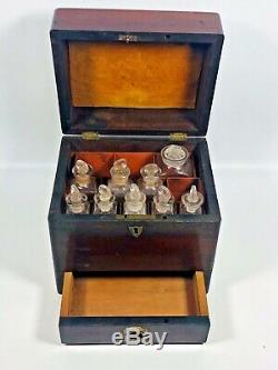 1800s Mahogany Medicine Apothecary Pharmacy Drug Box Chest with Glass bottles &Key