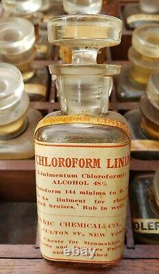 1900's Mahogany Medicine Apothecary Pharmacy Drug Box Chest with 22 Glass bottles