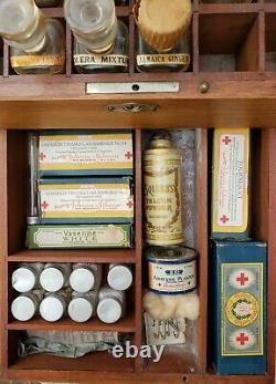 1900's Mahogany Medicine Apothecary Pharmacy Drug Box Chest with 22 Glass bottles