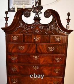 1930s Chippendale carved Flame Mahogany Highboy / tall chest of drawers