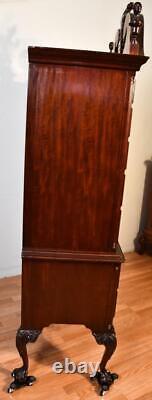 1930s Chippendale carved Flame Mahogany Highboy / tall chest of drawers