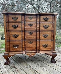 1940s Maddox Mahogany Chippendale Block Front 4 Drawer Chest Refinished