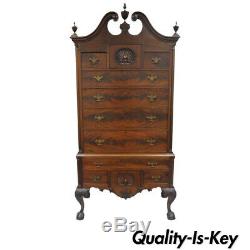 19th C. Crotch Mahogany Chippendale Ball and Claw Highboy Tall Chest of Drawers