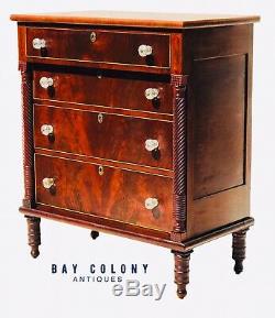 19th C Federal Period Rope Carved Mahogany & Cherry Antique Dresser / Tall Chest