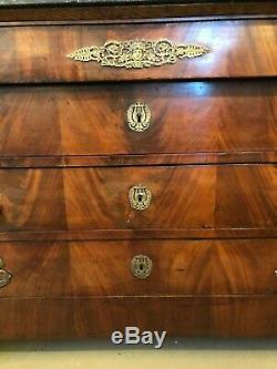 1st Empire Circa 1800 French Flame Mahogany Chest of Drawers Bronze Ormolu