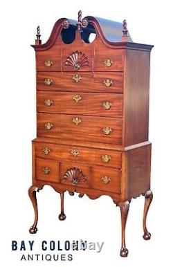20th C Chippendale Antique Style Mahogany Bonnet Top Highboy Dresser / Chest
