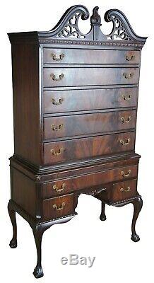 20th Century Antique Queen Anne Flamed Mahogany Highboy Chest Ball & Claw