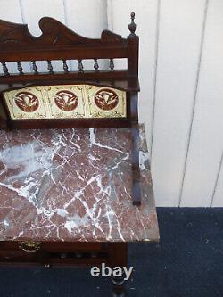 64037 Antique Victorian Marble Top Tile Back Washstand Chest Dresser