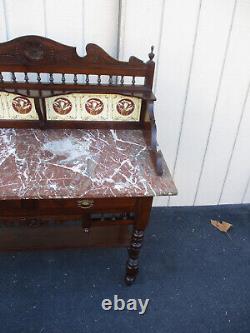 64037 Antique Victorian Marble Top Tile Back Washstand Chest Dresser
