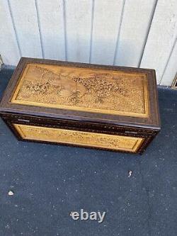 65031 Oriental Blanket Storage Chest with Carved Rooster Design + Tray