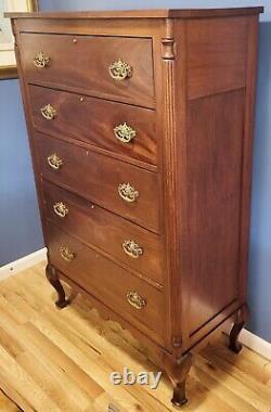 ANTIQUE 20th C American EMPIRE Style Mahogany TALL CHEST of 5 Drawers DRESSER