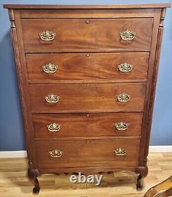 ANTIQUE 20th C American EMPIRE Style Mahogany TALL CHEST of 5 Drawers DRESSER