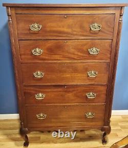 ANTIQUE 20th C American EMPIRE Style Mahogany TALL CHEST of 5 Drawers DRESSER