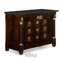 ANTIQUE DRESSER Commode Chest of Drawers French Mahogany, Bronze, Black Marble