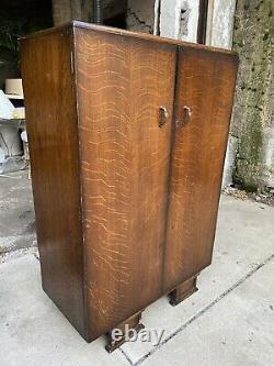 Antique Art Deco Tiger Oak English Wardrobe Armoire Chest