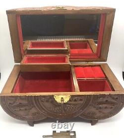 Antique Asian Cylindrical Ornately Carved Mahogany Wood Jewelry Chest with Key