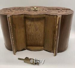 Antique Asian Cylindrical Ornately Carved Mahogany Wood Jewelry Chest with Key