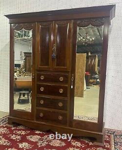 Antique English Triple Section Solid Mahogany Armoire Wardrobe Chest Circa 1890