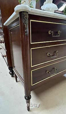 Antique French Louis XVI marble top commode chest of drawers with brass mounts
