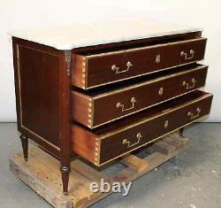 Antique French Louis XVI marble top commode chest of drawers with brass mounts