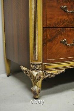 Antique French Louis XV Floral Satinwood Inlaid Mahogany Chest Dresser & Mirror
