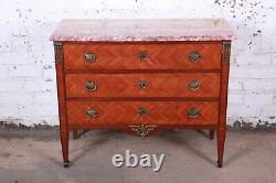 Antique French Louis XV Style Inlaid Parquetry Mahogany Marble Top Chest of Draw