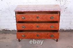Antique French Louis XV Style Inlaid Parquetry Mahogany Marble Top Chest of Draw