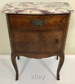 Antique Louis XV-Style Bombe Marquetry Marble Top Chest / Bed Side Table
