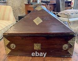 Antique Mahogany & Brass Dowry Chest From Kerala, India
