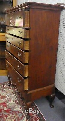 Antique Queen Anne TIGER MAPLE HIGHBOY Chest of Drawers. Carved Shell. USA 1820