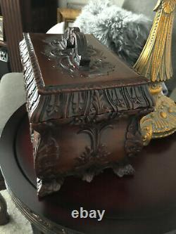 Antique Replica Hand Carved Solid Mahogany Tea Caddy Chest