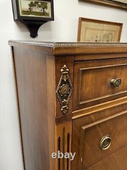 Antique Sligh Mahogany Chest Of Drawers, Large Hand Painted Accent, 5 Drawers
