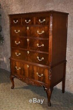 Antique Spectacular Carved Mahogany Five Drawer Tall Chest