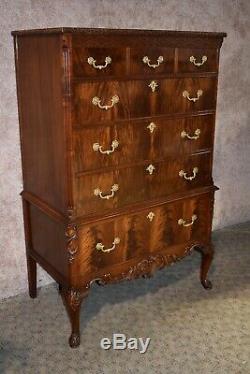 Antique Spectacular Carved Mahogany Five Drawer Tall Chest