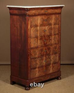 Antique Tall French Marble Top Mahogany Chest of Drawers c. 1840