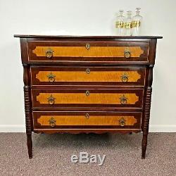 Antique Tiger Maple & Mahogany 4 Drawer Sheraton Style Chest of Drawers