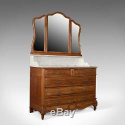 Antique Vanity Chest of Drawers, French, Marble Top, Mirror Back, Mahogany c1880