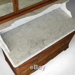 Antique Vanity Chest of Drawers, French, Marble Top, Mirror Back, Mahogany c1880