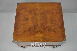 Burl Wood & Brass English Campaign Style Trunk Chest Box on Table Stand