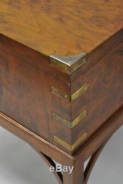 Burl Wood & Brass English Campaign Style Trunk Chest Box on Table Stand
