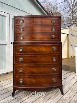 Fancher Bow Front Hepplewhite Banded Flame Mahogany Chest on Chest of Drawers