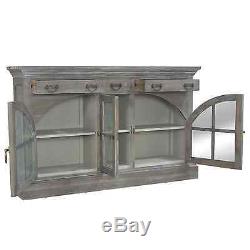 French Antique European Farmhouse Buffet Chest Cabinet Gray Glass Doors NEW