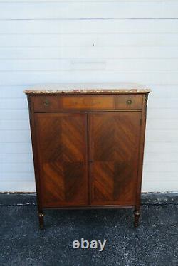 French Inlay Carved Tall Marble Top Chest of Drawers with Bronze Accent 1418