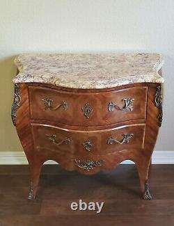 French Louis XV Parquetry Mahogany Bronze Ormolu Bombe Chest Of Drawers Commode