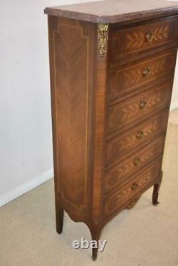 French Six Drawer Marble Top Mahogany & Satinwood Lingerie Chest Circa 1920's