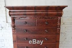 Immaculate American Empire Flame Mahogany Highboy Chest of Drawers, Dated 1886