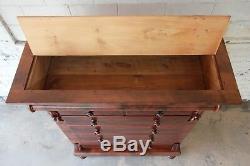 Immaculate American Empire Flame Mahogany Highboy Chest of Drawers, Dated 1886
