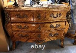 Louis XV Bombe Bronze Ormolu Marble Top French Satinwood Dresser Commode Chest