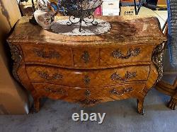 Louis XV Bombe Bronze Ormolu Marble Top French Satinwood Dresser Commode Chest