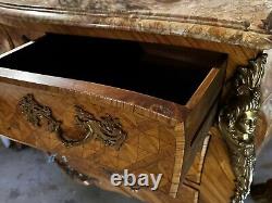 Louis XV Bombe Bronze Ormolu Marble Top French Satinwood Dresser Commode Chest